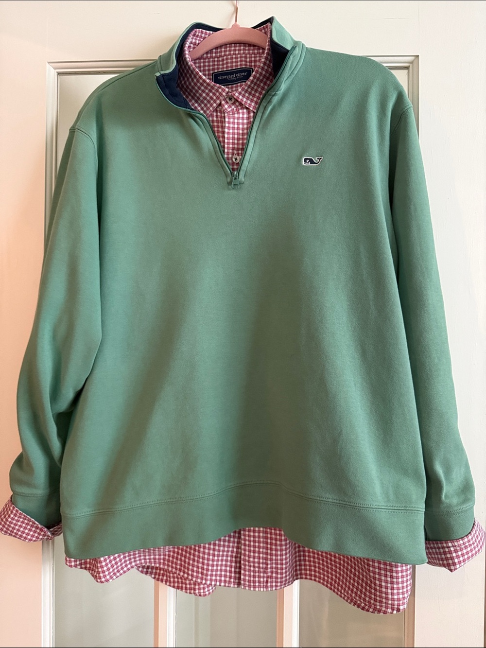 Vineyard Vines Pink and White Gingham Button-Down Shirt and Green Pullover - Picture 5 of 9